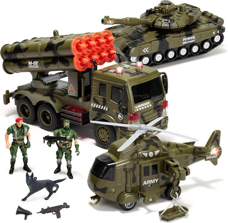 JOYIN 3 in 1 Friction Powered Siren Military Vehicle Toy with Action Figures, Including Military Truck, Helicopter and Tank Toy, Military Vehicles with Light and Sound Siren for Imaginative Play.