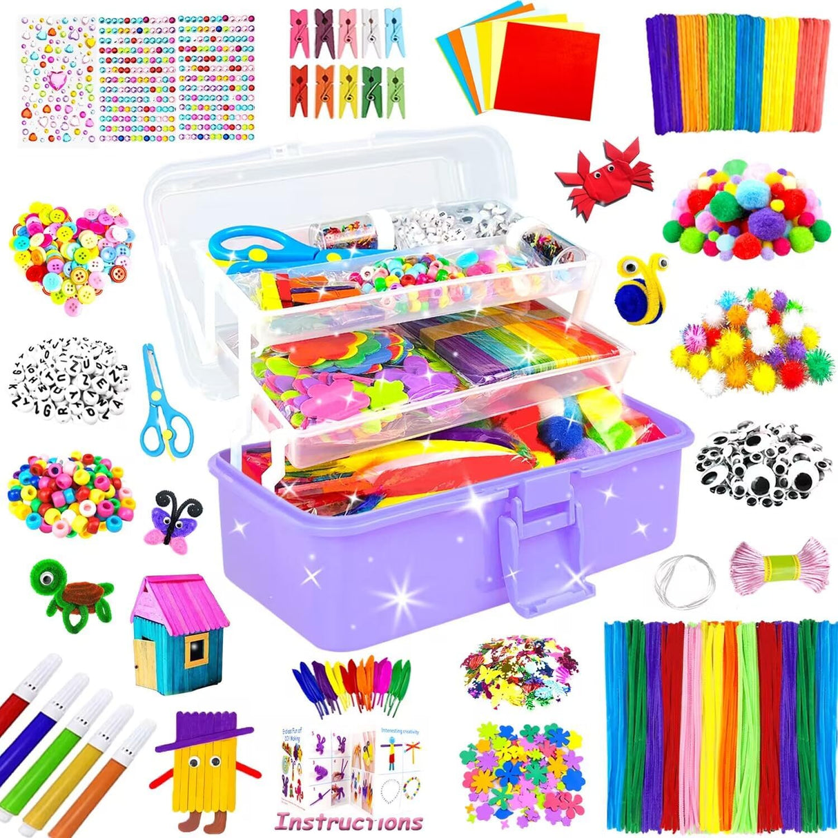 3000 Arts and Crafts Supplies for Kids Craft Kit All in 3 Layered Craft Box with Pipe Cleaners Crafts for Kids Age 4-6, 6-8, 8-12 DIY School Supplies Materials Set Toys Gifts for Girls Boys, Red.