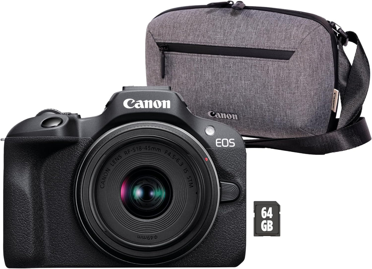 Canon EOS R100 Mirrorless Camera + RF-S 18-45mm F4.5-6.3 IS STM Lens - 24.1MP, 4K Video | Dual Pixel CMOS Auto Focus | Wi-Fi & Bluetooth | Easy-To-Use | Includes a Camera Bag + 64GB SD Card.