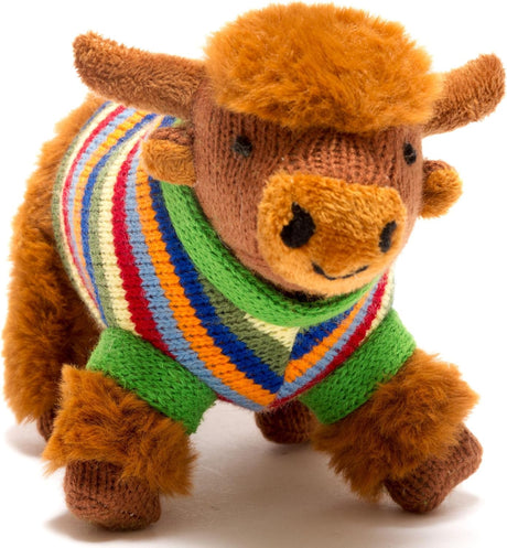 Highland Cow Baby Rattle with Knitted Rainbow Stripe Jumper, Suitable from Birth.