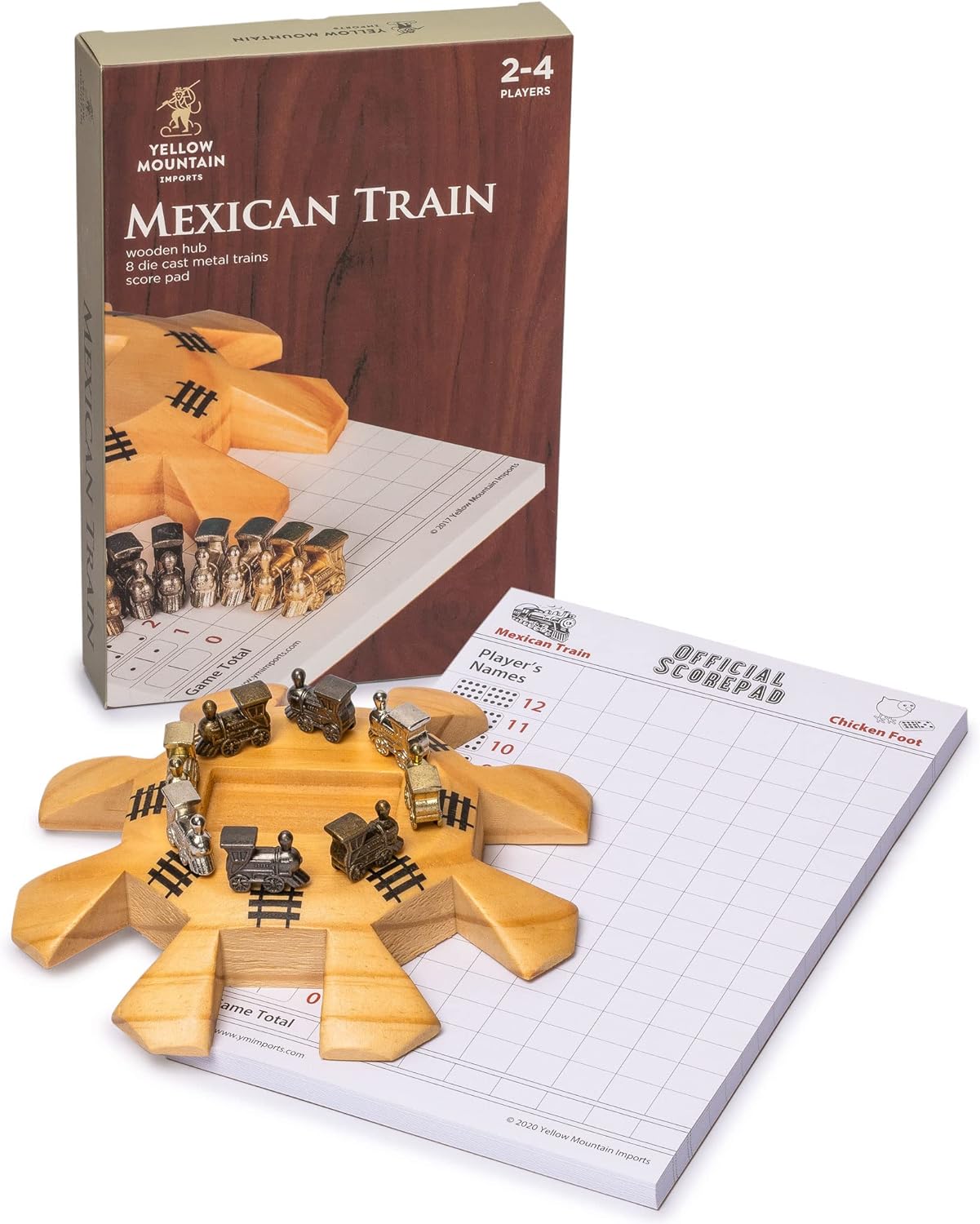 Yellow Mountain Imports Mexican Train Dominoes Accessory Set (5.8-Inch Wooden Hub Centerpiece, Die-Cast Metal Train Markers, and 60-Sheet Scorepad).