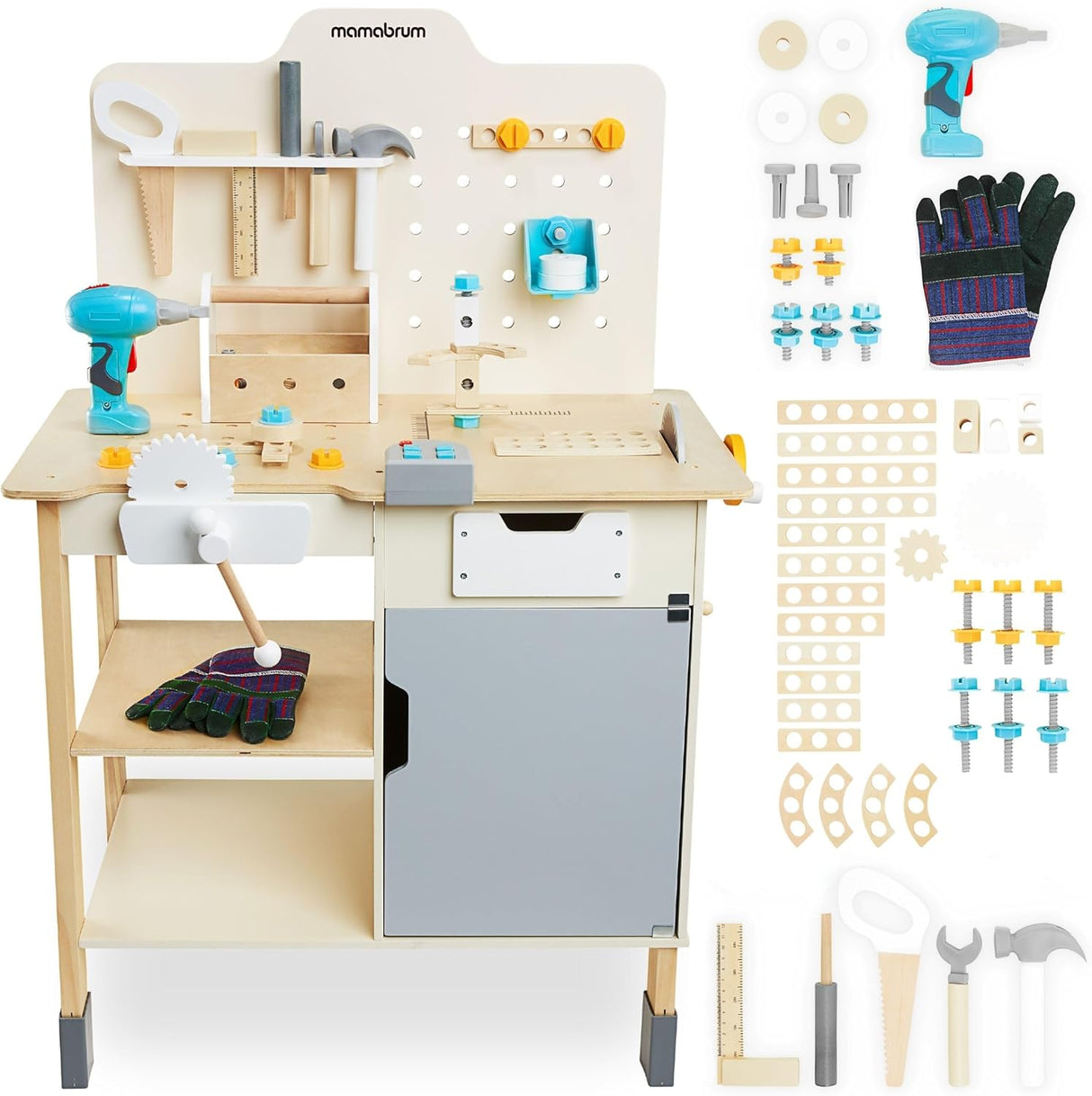 Mamabrum Creative Construction Toy Set, 74 Pieces, Realistic Tools, Accessories, Building Components, Work Gloves, Movable Vice, Circular Saw, Sound Panel, Battery-Powered Screwdriver.