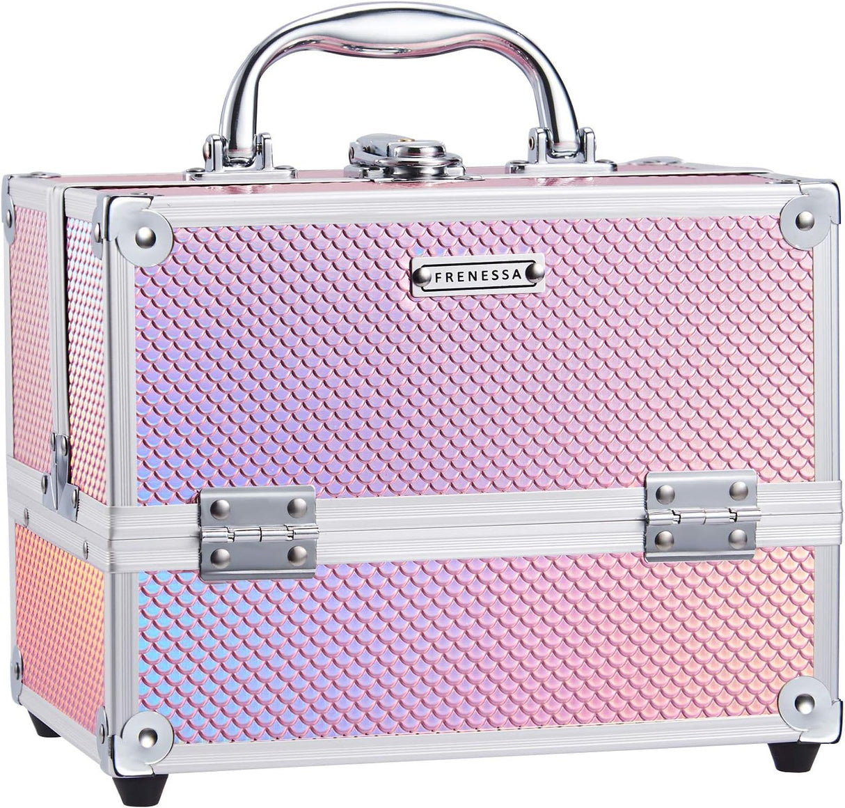 Frenessa Makeup Case 4 Trays Cosmetic Box Lockable Beauty Vanity Organiser Holder Box for Gifts (Pink).