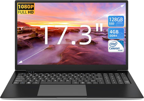 Naclud 17.3 Inch Laptop 4GB DDR4 128GB SSD (TF 512GB), Celeron Dual-Core Processor, 2xUSB 3.0, Dual Band WiFi, Bluetooth 4.2, FHD 1920x1080 Notebook Ships with Keyboard Film in 8 Languages.