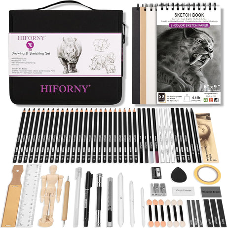 HIFORNY 70 Pcs Drawing Set Sketching Kit - Sketch Pencils Art Supplies for Adults Artists Kids with 3-Color Sketchbook,Graphite,Pastel,Charcoal Pencils,Blending Tools.