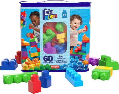 MEGA BLOKS Big Building Bag building set with 60 big and colorful building blocks, and 1 storage bag, toy gift set for ages 1 and up, DCH55.