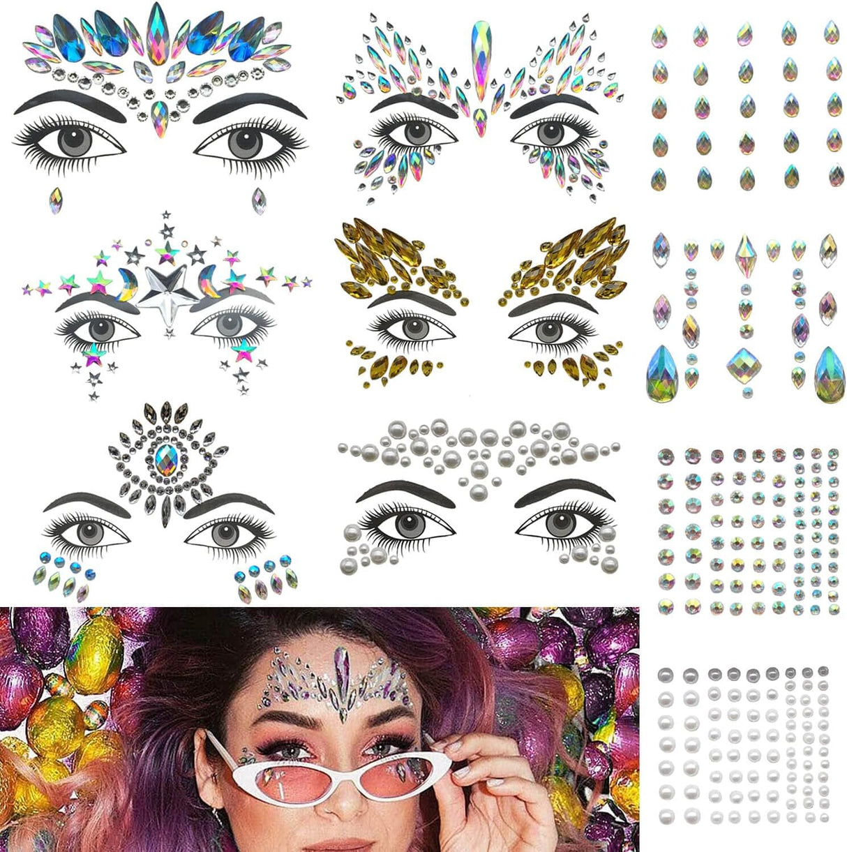 GLARYYEARS Face Gems Rave, 10-Pack Noctilucent Face Jewels Rave Temporary Tattoo Stickers, Jewelry Rhinestones Diamonds Crystals, Accessories for Festival Holiday Costumes & Makeup for Halloween.