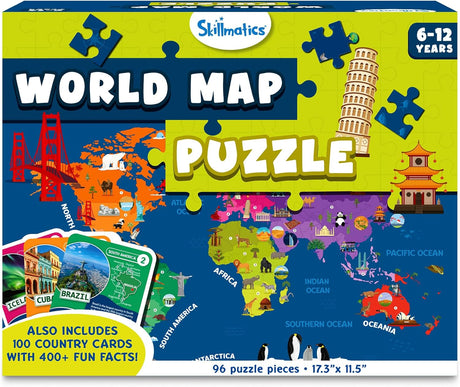 Skillmatics World Map Puzzle - 96 Piece Jigsaw Puzzle, Educational Toy, Geography for Kids, 400+ Facts, Gifts for Boys & Girls Ages 6 to 12.