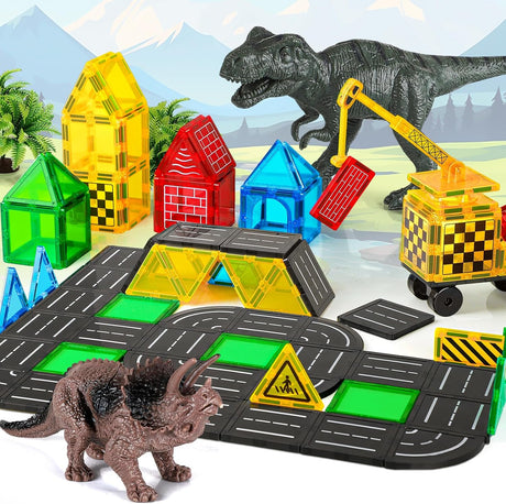 Magnetic Tiles Road Building Blocks - Magnet Crane Car Set for Kids Montessori Preschool STEM Learning Construction Dinosaur Toddler Toys for 3 4 5 6 7 8+ Year Old Boys Girls Christmas Birthday Gifts.