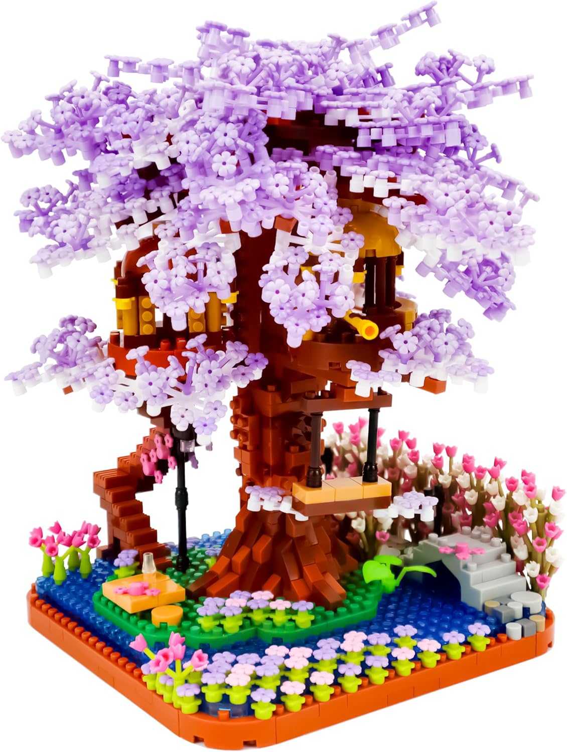 GaoDeBuChou Purple Sakura Tree House Building Block Set,2200 PCS Cherry Blossom Bonsai Mini Micro Bricks Kit,Flowers Botanical Gift for Adult 14+Children(With A Light Kit).