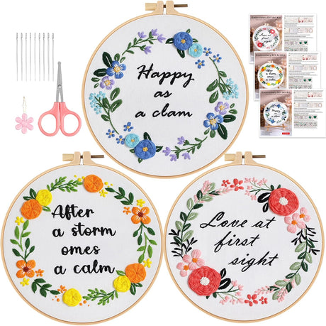 Falovs Embroidery Starter Kit, 3 Pack Embroidery Beginner Kits, Adult Women’s Hobbies, Including Cloth with Floral Patterns, Instructions, Embroidery Bamboo Hoop, Embroidery Threads and Tools.