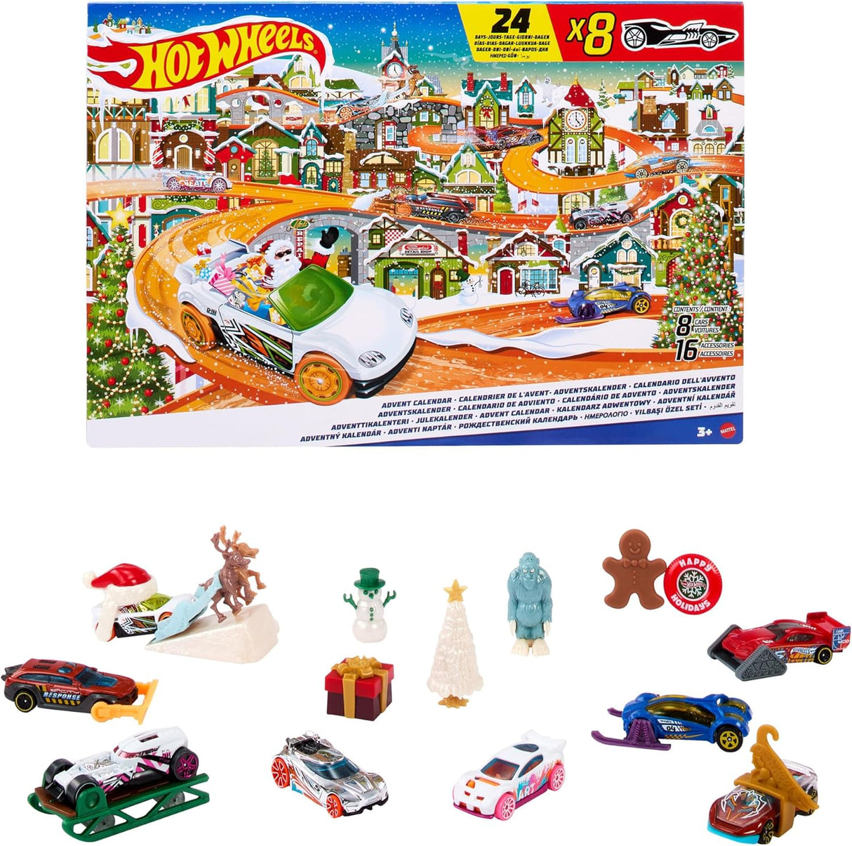 Hot Wheels Advent Calendar 2023, 8 Hot Wheels Cars and 16 Winter-Themed Accessories behind 24 Numbered Doors Plus a Playmat, For Kids & Hot Wheels Fans, HKL74.