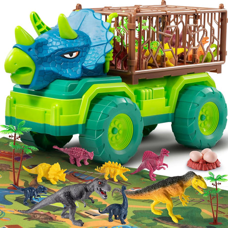 TEMI Dinosaur Truck Toy for Kids +3 Years Old, Triceratops Transport Car Carrier Truck with 8 Dino Figures, Activity Play Mat, Dinosaur Eggs and Trees, Capture Dinosaur Play Set for Boys and Girls.