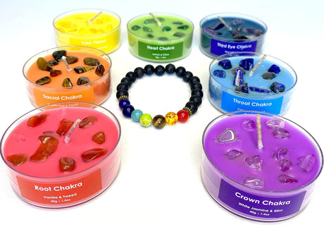 Serenity Crystals Chakra Candle Set - Beautifully Crafted Crystal Infused Candles for Meditation, Healing and Wellness a Suitable Gift for Chakra Spiritual Yoga Meditation, Includes Bracelet.