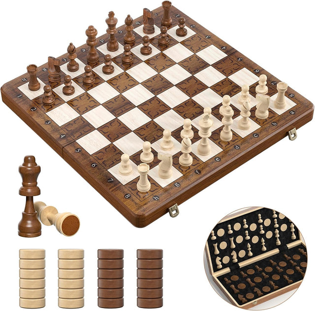 Paome Chess set and Checkers 2 IN 1, 16" Wooden Chess Board Game for Kids Adults, Foldable Chess Board Set with 2 Extral Queen, Gifts for Women Men, Gifts Toys for Boys Girls.