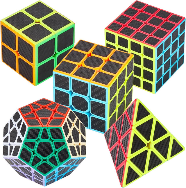 Coolzon Speed Cube Set 5 Pack Magic Puzzle Cubes Pyraminx Pyramid + Megaminx + 2x2x2 + 3x3x3 + 4x4x4 Cube Toys with Carbon Fiber Sticker for Kids Adults.