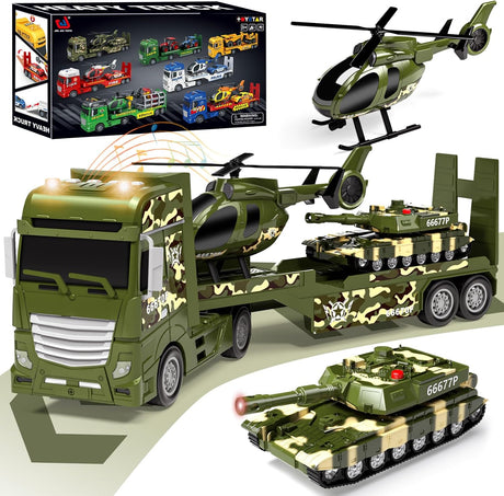 Tacobear Military Truck Army Toys for Boys, Large Friction Powered Army Transporter Truck Toys with Helicopter Tank Lights and Sounds, Vehicle Carrier Truck Toys Gift for Kids Boys 3 4 5 6 7 years.