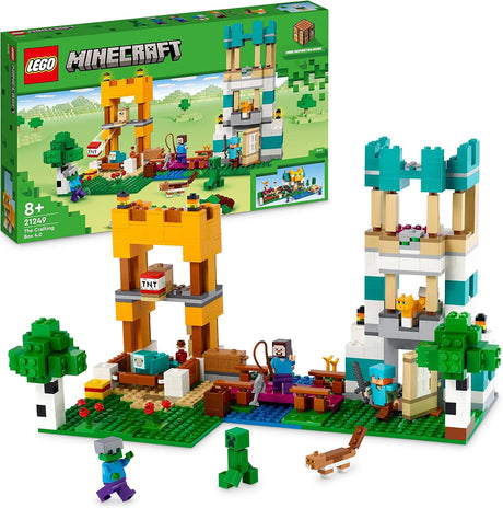 LEGO 21249 Minecraft The Crafting Box 4.0, 2in1 Playset; Build River Towers or Cat Cottage, with Alex, Steve, Creeper and Zombie Mobs Figures, Action Toys for Kids, Boys, Girls.