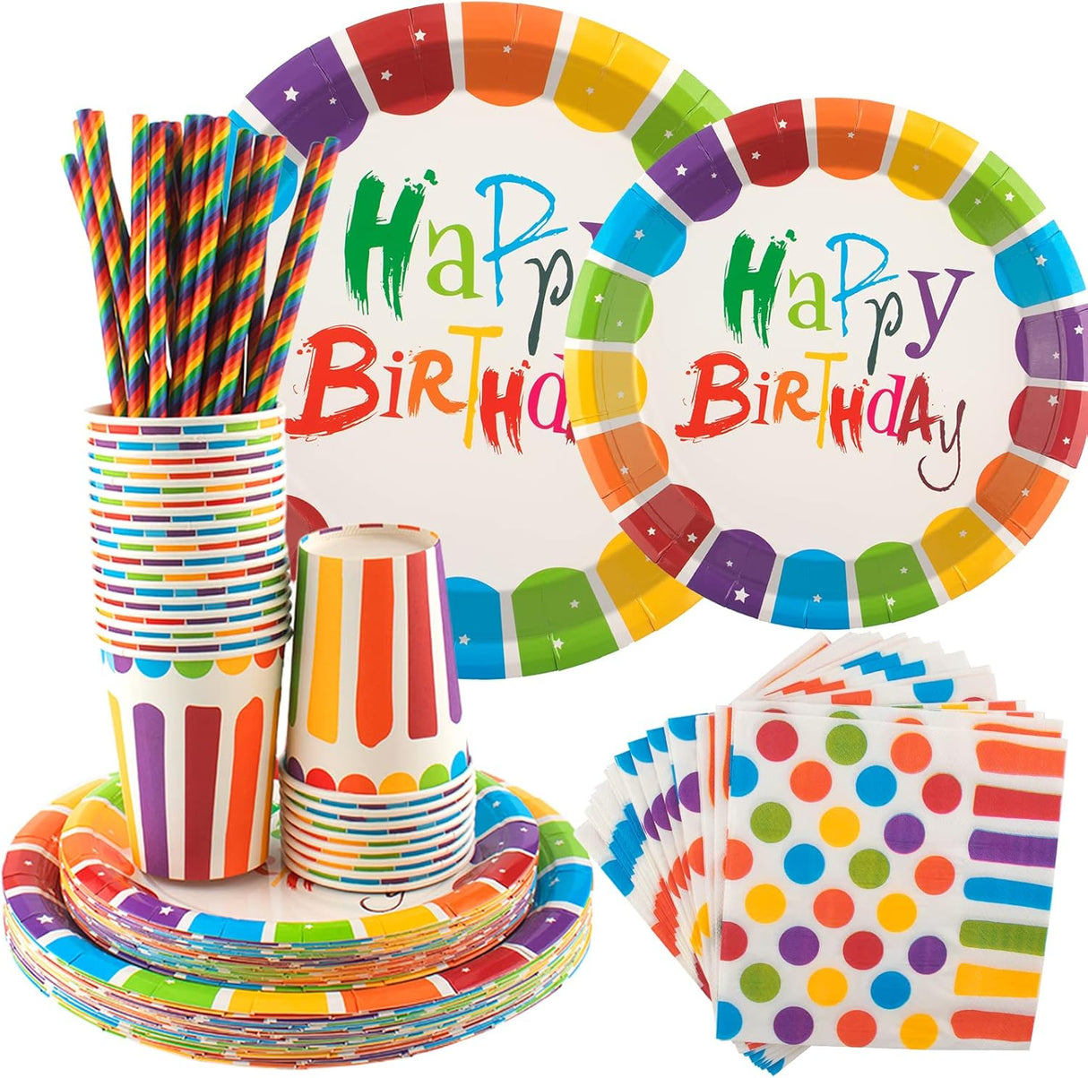 INUAN 125Pcs Rainbow Birthday Party Tableware Set, Party Paper Plates Cups Napkins Straws Rainbow Birthday Party Supplies Kids Birthday Party Decorations for 25 Guests.