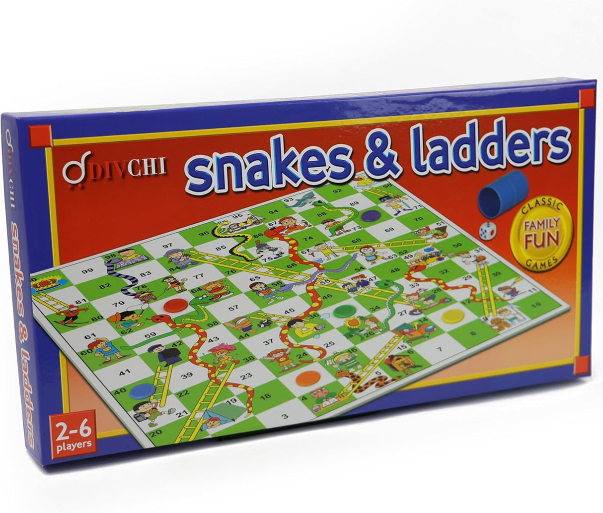 DIVCHI Traditional Snakes and Ladders Board Game for Kids & Adults For 2-6 players Suitable For Years 3+.