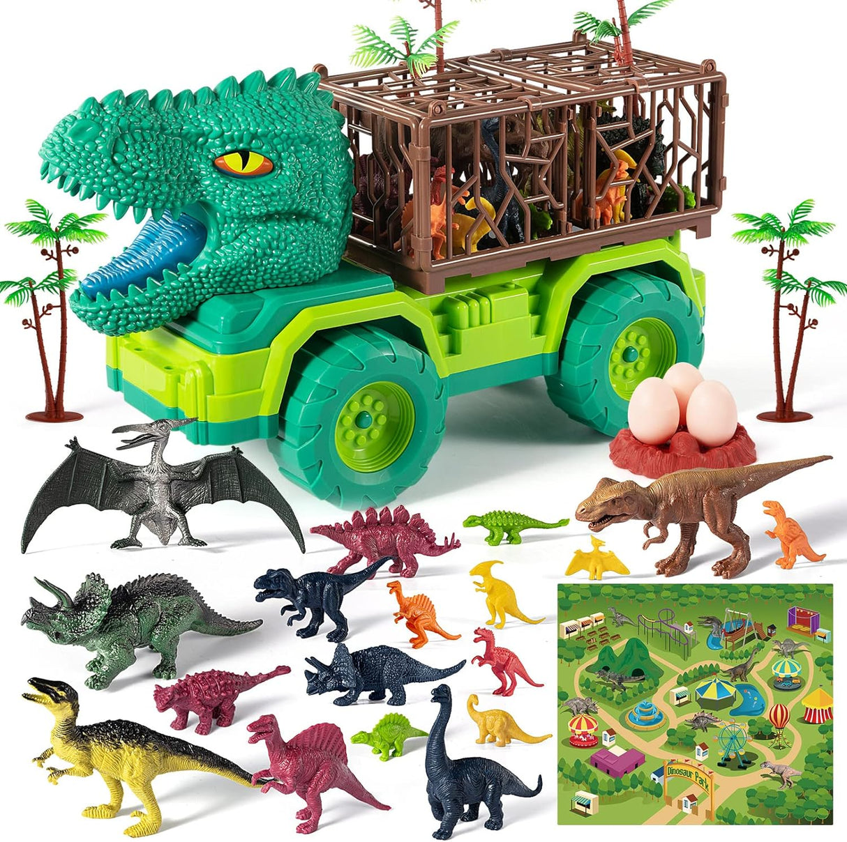 TEMI Dinosaur Truck Toy for Kids +3 Years Old, Triceratops Transport Car Carrier Truck with 8 Dino Figures, Activity Play Mat, Dinosaur Eggs and Trees, Capture Dinosaur Play Set for Boys and Girls.