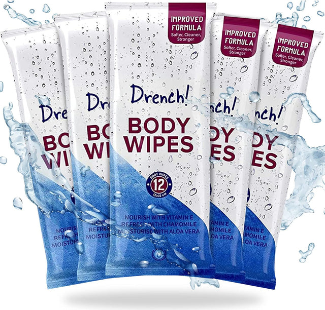 Drench! 60 Pack Luxury Body Wipes for Adults No Shower | No Water Bathing & Cleansing Water Wipes | Microwavable Rinse-Free Waterwipes | Big Wet wipes for adults, Antibacterial & Deodorant.