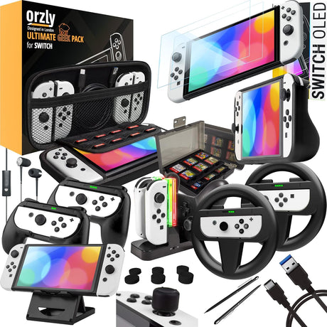 Orzly Accessory Bundle Kit designed for Nintendo switch Accessories Geeks and Oled console users Case and Screen protector, Joycon grips and Wheels for enhanced games play and more - Jet black.