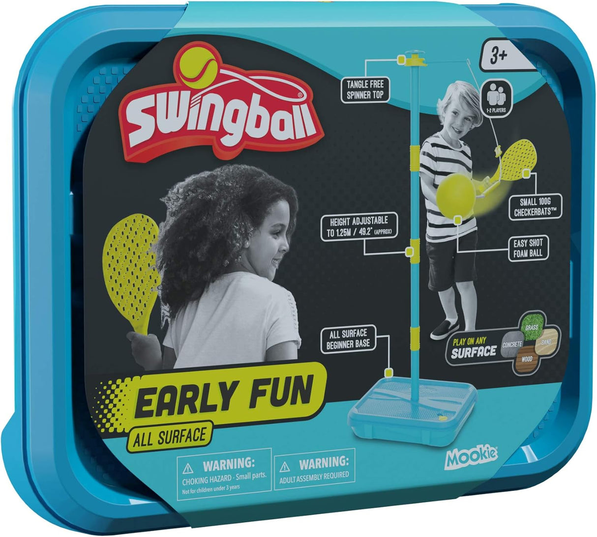 Early Fun All Surface Junior Swingball Set, For ages 3+, Introduction to Swingball, Foam Ball and little hands bats, Tangle Free Top Spinner, All Surface Base, Blue and Yellow, 36 x 46 x 10 cm.