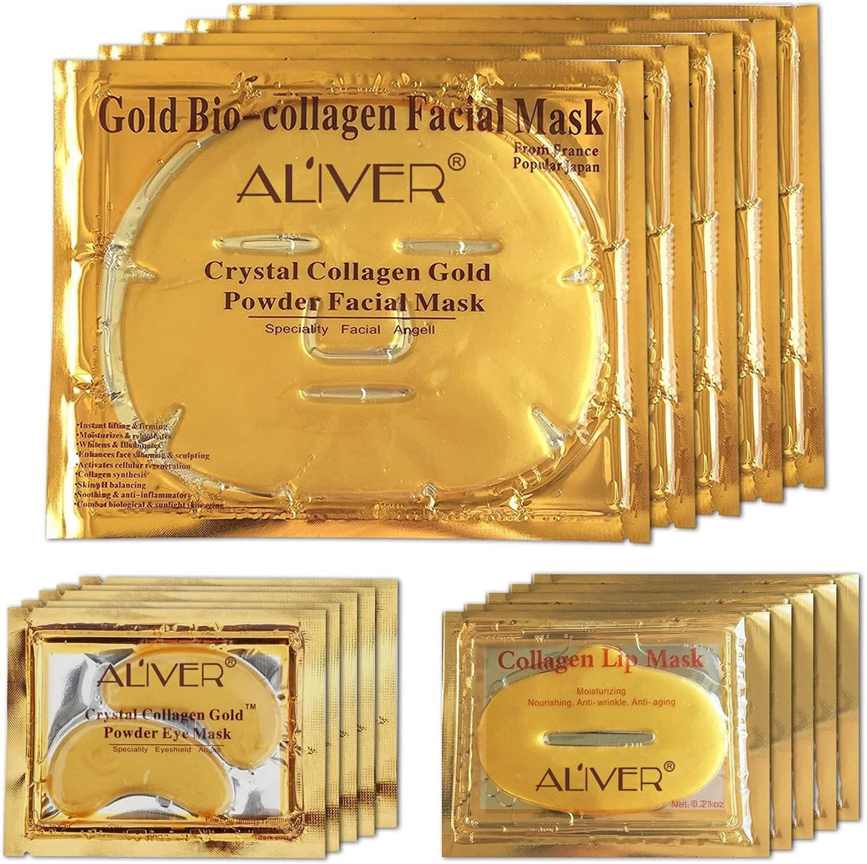 24K Gold Bio Collagen Crystal Face Mask + Eye Mask + Lip Mask, Anti ageing Skin Care (5pairs/set).