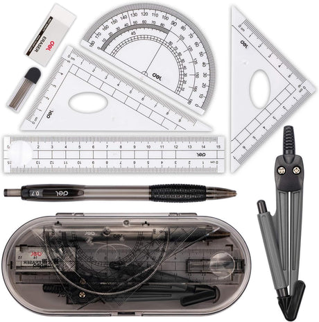 Maths Set Geometry Set Muscccm Compass Set 8 Pieces School Supplies Drawing Compass Protractor Set Rulers for Student in Carry Case.