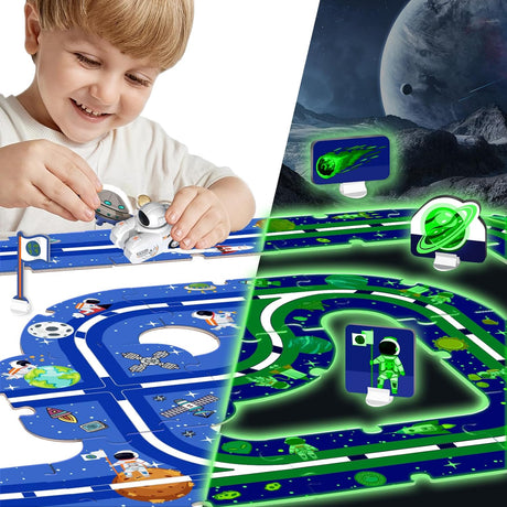 Glow in The Dark Puzzle Rail Car for Toddlers, 47PCS Cardboard Puzzle Car Track Play Set, DIY Assembling Educational Toys Gift for 3 4 5 6 Year-Old Boys Girls - Space Theme.