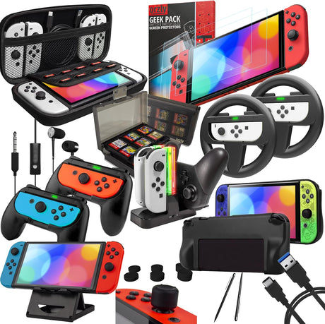 Orzly Accessory Bundle Kit designed for Nintendo switch Accessories Geeks and Oled console users Case and Screen protector, Joycon grips and Wheels for enhanced games play and more - Jet black.