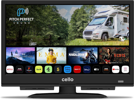 Cello 12 Volt 16 inch Smart TV Made in UK (2024) | Ultrafast WebOS, Freeview Play, FreeSat, Bluetooth, Pitch Perfect Speakers, Prime Video, Apple TV & BBC | Small TV for Campervans, HGVS & Boats.