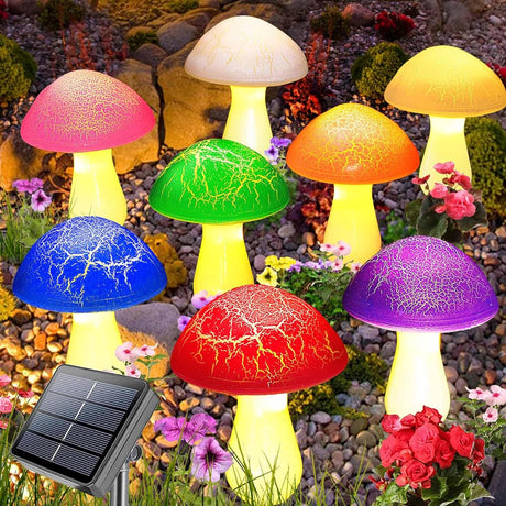 Homeleo 8-Pack Cracked Mushroom Solar Lights Outdoor Garden, Waterproof Garden Ornaments Outdoor, Multicoloured Solar Mushroom Garden Stake Lights for Patio Yard Fence Outdoor Garden Decor.