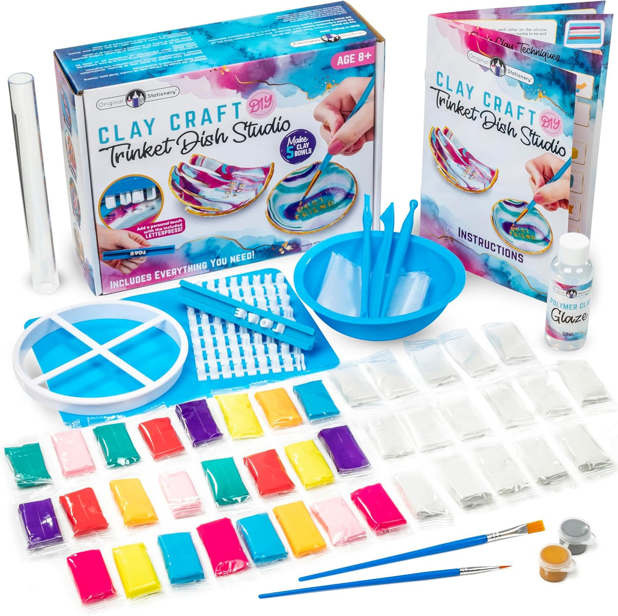 Original Stationery Clay Craft DIY Trinket Dish Studio, Kids Craft Set with 40 Modelling Clay Kids, Polymer Clay Tools and Letter Press for Pottery Clay Art Gifts for Girls, Fun Craft Kits for Kids.