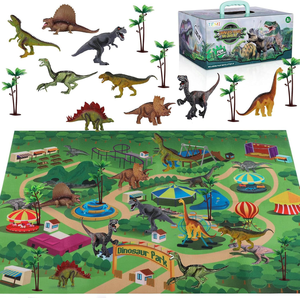 TEMI Dinosaur Truck Toy for Kids +3 Years Old, Triceratops Transport Car Carrier Truck with 8 Dino Figures, Activity Play Mat, Dinosaur Eggs and Trees, Capture Dinosaur Play Set for Boys and Girls.