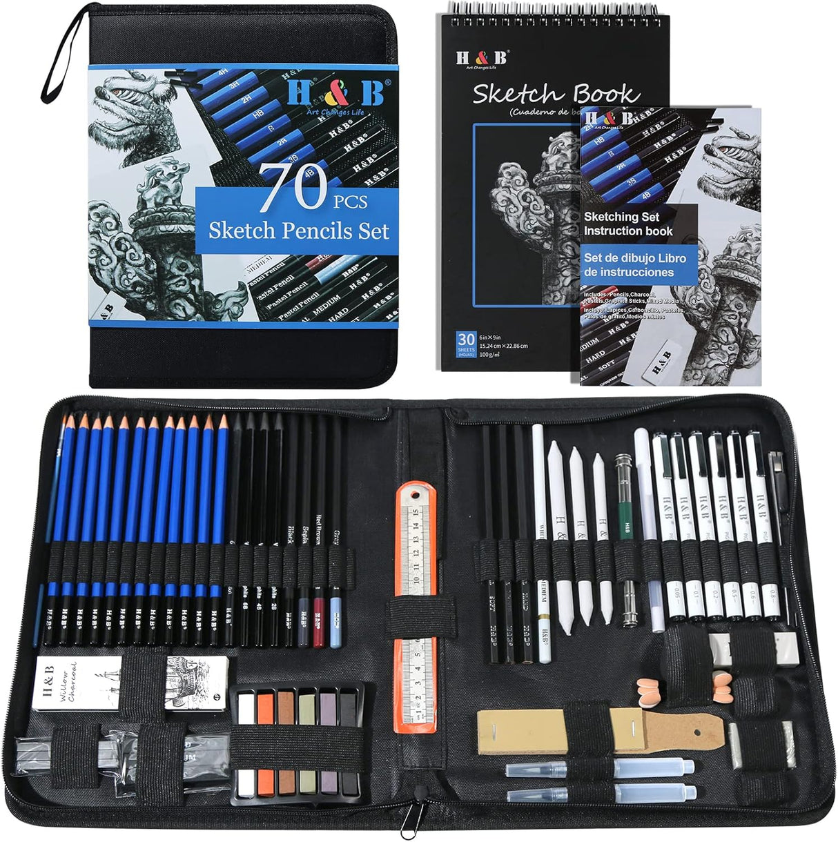 H & B 70 Pack Sketching Pencil Set with Sketchbook, Professional Sketch Pencils for Drawing,Art Supplies for Adults,Artists,Beginners.