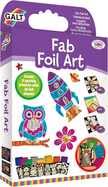 Galt Fab Foil Art - Creative Craft Kits for Kids and Childrens Fun Foil Art Activity Set for Girls and Boys - Includes Guide Book, 25 Colourful Foil Sheets and 8 Sparkly Pictures - Age 6 Years Plus.