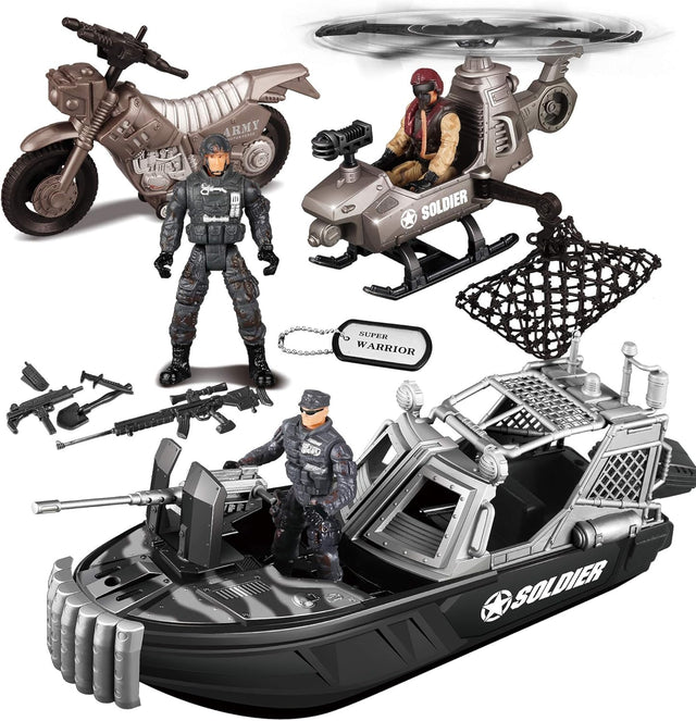 9 Pcs Combat Boat and Military Vehicle Toys Set with Realistic Military Combat Boat, Mini Helicopter, Motorcycle, Army Men Toy Soldiers Action Figures and Other Equipment Accessories.