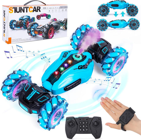 Highttoy Remote Control Cars for Kids, 4x4 Gesture Control Twist Car with Spray, Music and Lights 2.4GHz 360° Rotation RC Stunt Car Toys for 6 7 8 9 10 Year Old Boys Gifts, Blue.