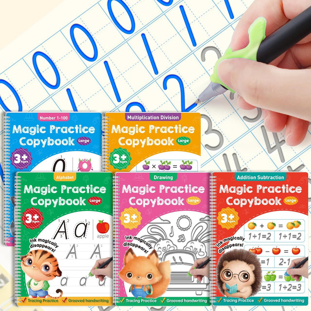 Large Magic Grooved Practice Copybook 5 Pack with Pens, Reusable Children's Magic Copybooks, Magical Handwriting Workbooks Number Letter Tracing for Kids Age 4 5 6 7 8 Kindergarten Preschool.