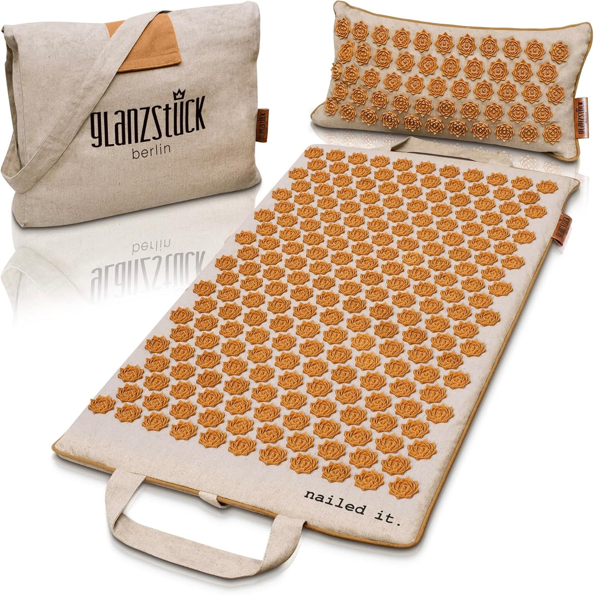 Glanzstück Berlin® Acupressure Mat Set Premium, Beginner Suitable, Made of Linen, Neck and Back Pain Relief, with Pillow (Heat Function) & Bag, Sustainable.