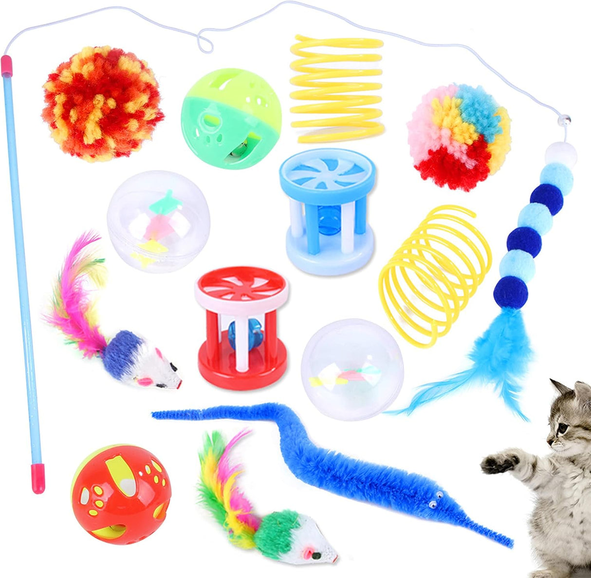 12 Pcs Cat Toys for Indoor Cats Kitten Plush Catnip Toy Cat Teeth Cleaning Toys Interactive Cat Feather Teaser Wand Spring Toy