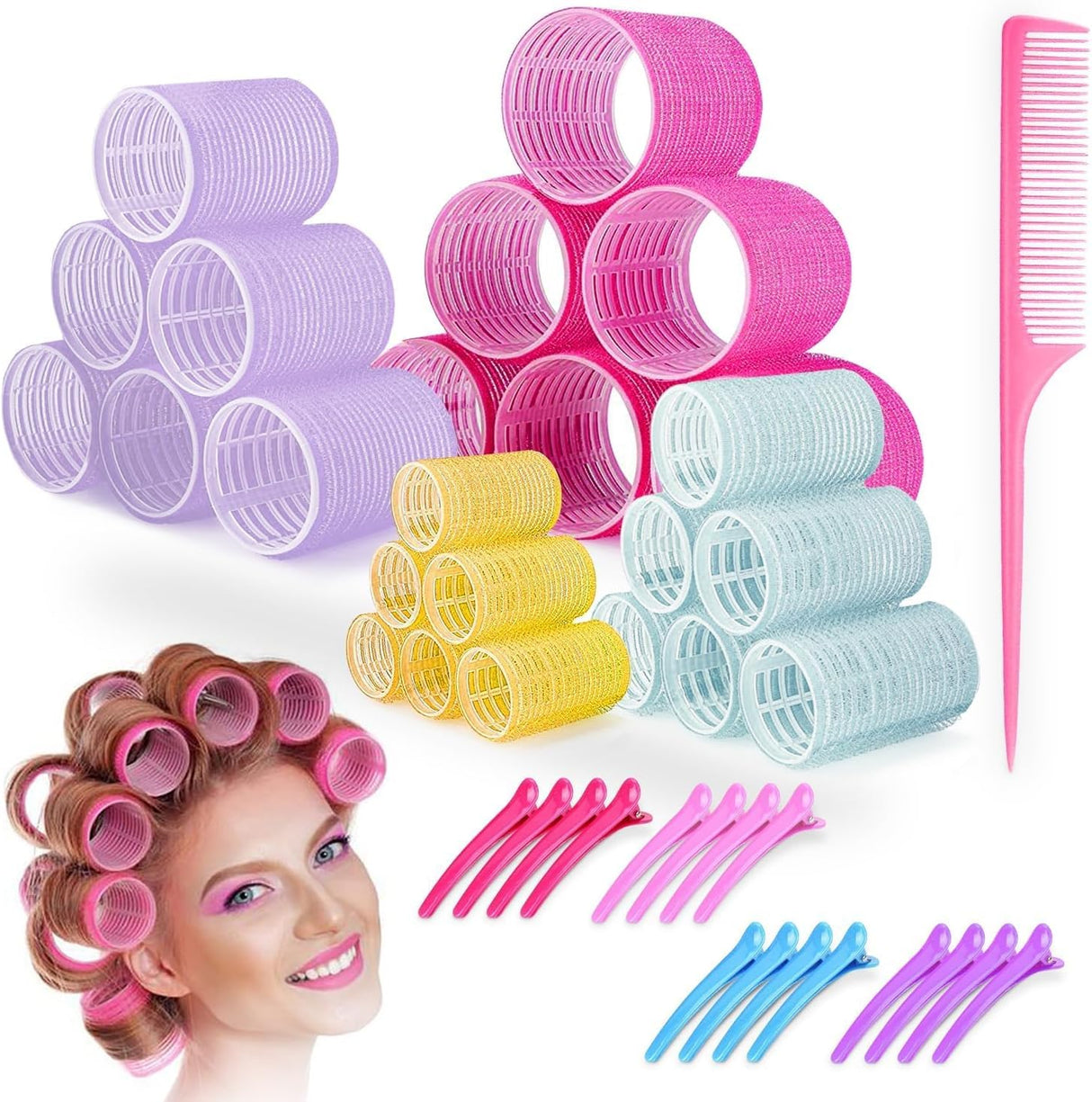 WESTALIO 41 PCs Hair Rollers With Clips-18 Durable Self Grip Heatless Hair Curlers Rollers-16 Duckbill Hair Clips-1 Comb For Long & Short Hair Comes in 3 Sizes 64mm,46mm,35mm,28mm (6 pcs each).