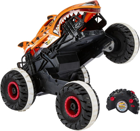 Hot Wheels Monster Trucks Remote Control Car, Unstoppable Tiger Shark with Tread Attack Tires and Terrain Stomp Technology, 1:15 Scale, Toys for Ages 4 and Up, HGV87.