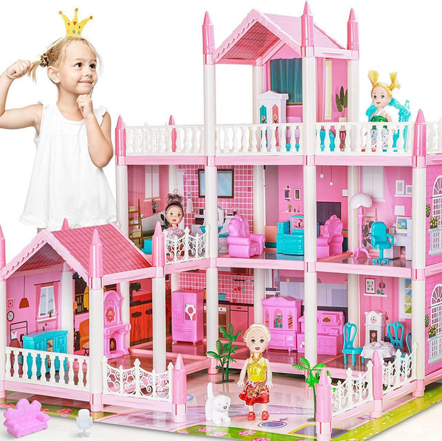 Doll House for 3 4 5 6 7 8 Year Old Girls - 4 Dollhouse Dolls, LED Light, 3-Story 8 Rooms Playhouse with Accessories Set, Furnished Pretend Play House Birthday for Kids.