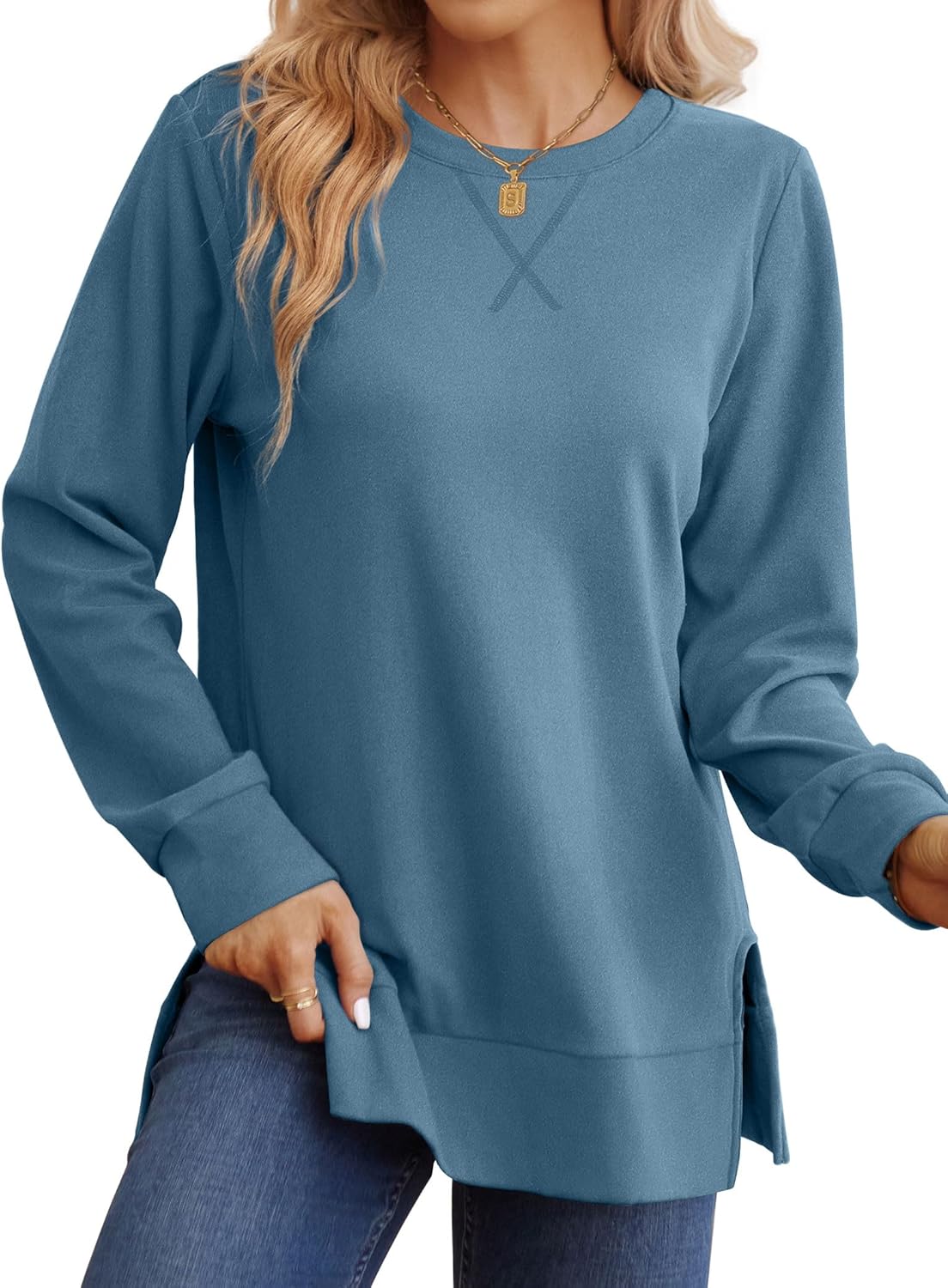 Saloogoe Sweatshirt for women Side Split Fall Fashion 2023 Long Sleeve Shirts Trending Now, 01-blue, Medium.