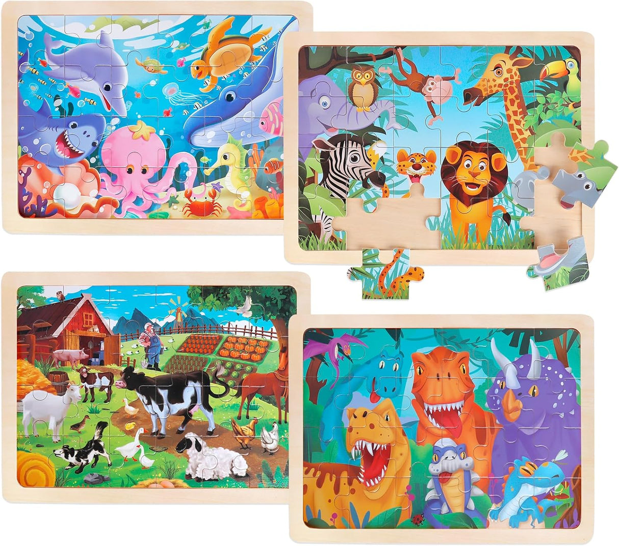 Jigsaw Puzzles Wooden Puzzles for Kids Ages 3-5, Preschool Educational Jigsaw Puzzles Toddlers Toys, 4 Packs 24 Piece Dinosaur Farm Zoo Sea World, Montessori Gifts for 3 4 5 6 Year Old Boys Girls.