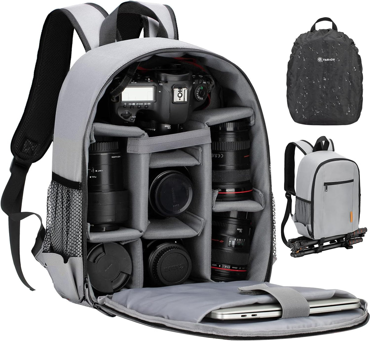 TARION Camera Backpack Waterproof Case Bag with Laptop Compartment and Rain Cover for DSLR SLR Camera Lens Flash Accessories.