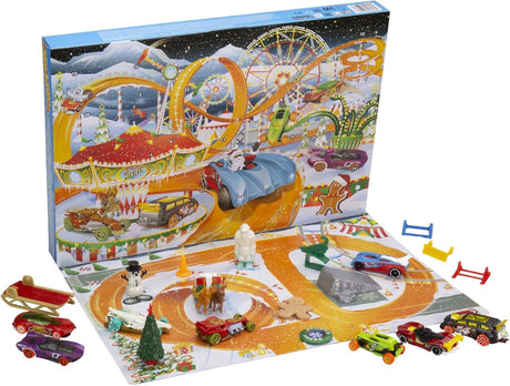 Hot Wheels Advent Calendar 2023, 8 Hot Wheels Cars and 16 Winter-Themed Accessories behind 24 Numbered Doors Plus a Playmat, For Kids & Hot Wheels Fans, HKL74.